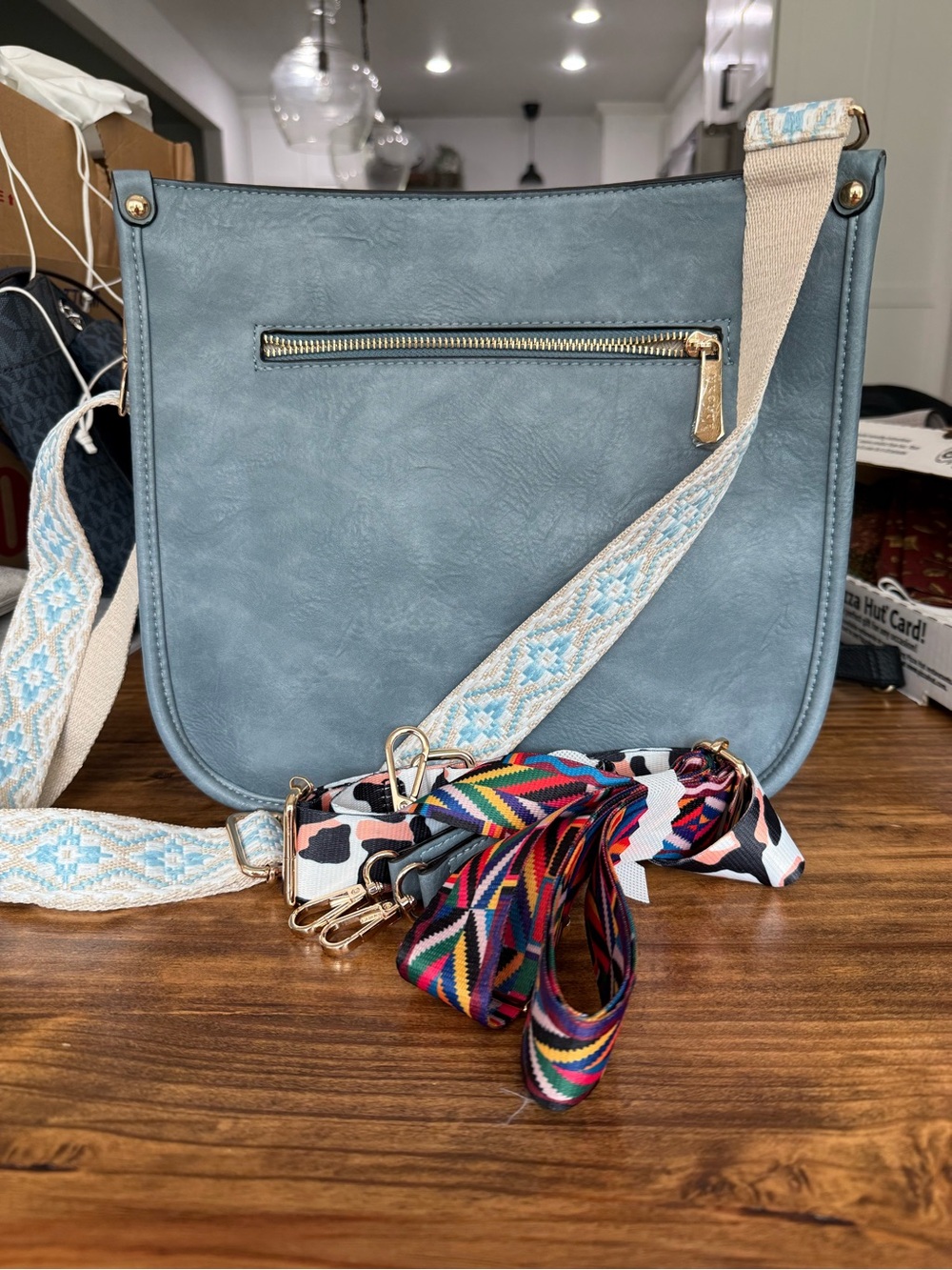 Hkcluf Everyday Slate Blue Crossbody Bag with Patterned Strap